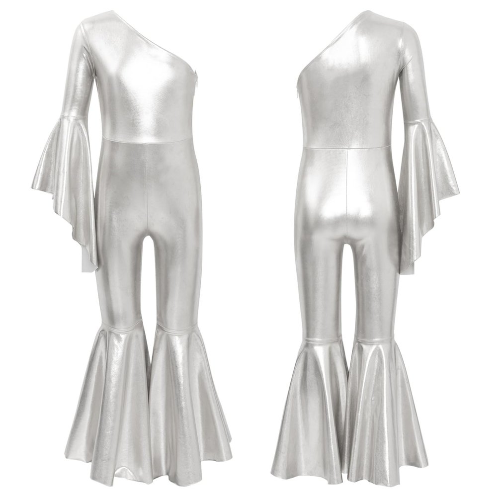 LiiYii Girl's Skating Jumpsuit Shiny Sequins Party Romper Bodysuit One Shoulder Dance Leotards Flare Bell Bottom Silver 16 Years