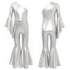 LiiYii Girl's Skating Jumpsuit Shiny Sequins Party Romper Bodysuit One Shoulder Dance Leotards Flare Bell Bottom Silver 16 Years view 1