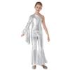 LiiYii Girl's Skating Jumpsuit Shiny Sequins Party Romper Bodysuit One Shoulder Dance Leotards Flare Bell Bottom Silver 16 Years view 2