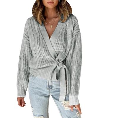 Akivide Women's Wrap V Neck Sexy Sweaters Trendy Tie Front Tunic Tops Long Balloon Sleeve Ribbed Knitted Cardigan Sweater