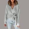 Akivide Women's Wrap V Neck Sexy Sweaters Trendy Tie Front Tunic Tops Long Balloon Sleeve Ribbed Knitted Cardigan Sweater view 2