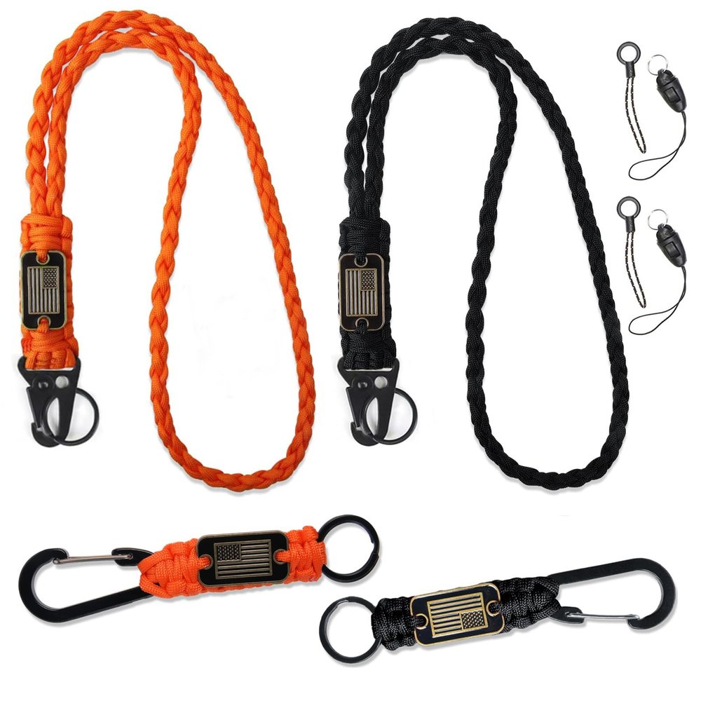 4 Pcs Heavy Duty Paracord Lanyard Keychain with USA Flag, Braided Parachute Lanyards for Keys Long/Short Keychain Lanyard Neck Buckle with Metal Clip Key Ring for Outdoor Activitie (Black/Orange)