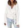 Akivide Women's Wrap V Neck Sexy Sweaters Trendy Tie Front Tunic Tops Long Balloon Sleeve Ribbed Knitted Cardigan Sweater