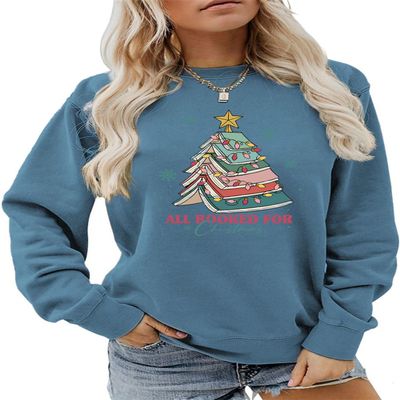 ESIKAH All Booked For Christmas Sweatshirt Funny Christmas Sweatshirt Holiday Xmas Shirt Women Crewneck Reading Pullover Tops Blue