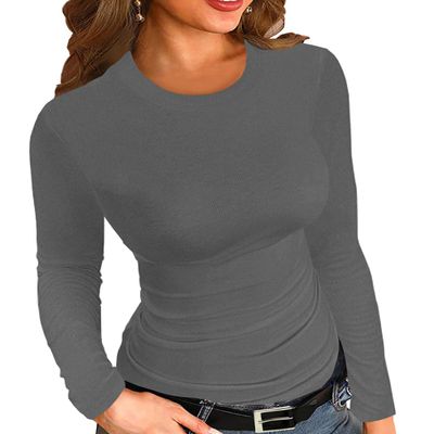 Afibi Women Ribbed Long Sleeve Crew Neck Slim Fit Stretchy Basic T Shirts Tops (X-Small, Grey)