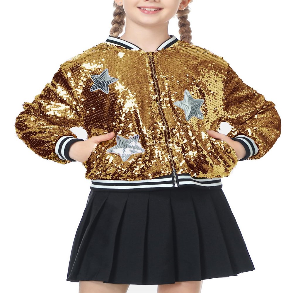 LOLANTA Sparkle Girls Outfit Kids Clothes Zipper Coat Jacket (Gold,8-10)