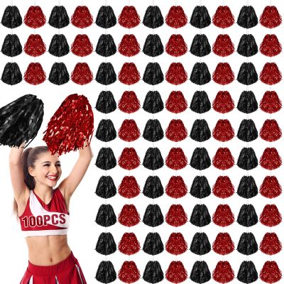 100 Pcs Cheerleading Pom Poms Metallic Foil Cheer Pompoms with Plastic Handle Cheerleader Pompoms Spirit Fun for Cheer Squad Dancing Party Performance Game Ball Sports Team(Black, Red)