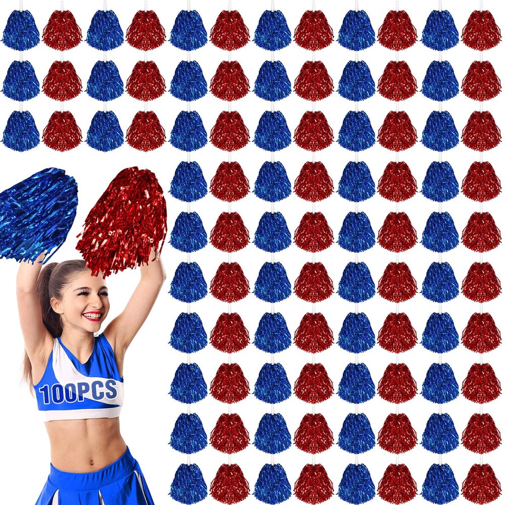 100 Pcs Cheerleading Pom Poms Metallic Foil Cheer Pompoms with Plastic Handle Cheerleader Pompoms Spirit Fun for Cheer Squad Dancing Party Performance Game Ball Sports Team(Blue, Red)