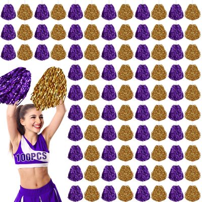 100 Pcs Cheerleading Pom Poms Metallic Foil Cheer Pompoms with Plastic Handle Cheerleader Pompoms Spirit Fun for Cheer Squad Dancing Party Performance Game Ball Sports Team(Gold, Purple)