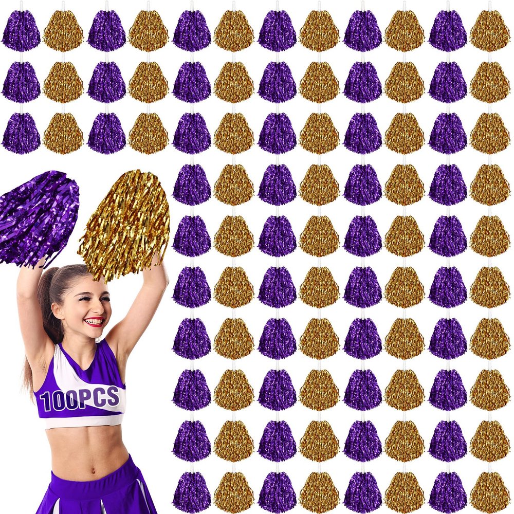 100 Pcs Cheerleading Pom Poms Metallic Foil Cheer Pompoms with Plastic Handle Cheerleader Pompoms Spirit Fun for Cheer Squad Dancing Party Performance Game Ball Sports Team(Gold, Purple)