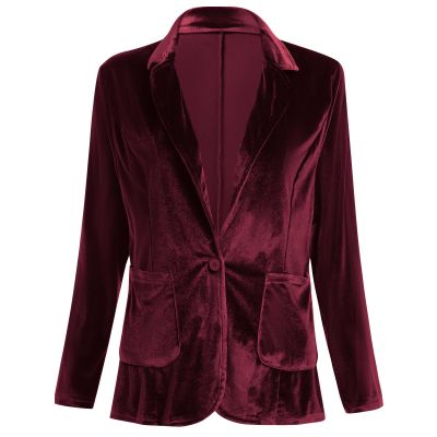 AFAVOM Women Blazers for Work Long Sleeve Jackets Office Velvet Suit Business Winter Open Front Coat Outerwear Solid Color Cardigans Top 1 Button Shawl Lapel Casual Blazer Suit with Pockets Wine S