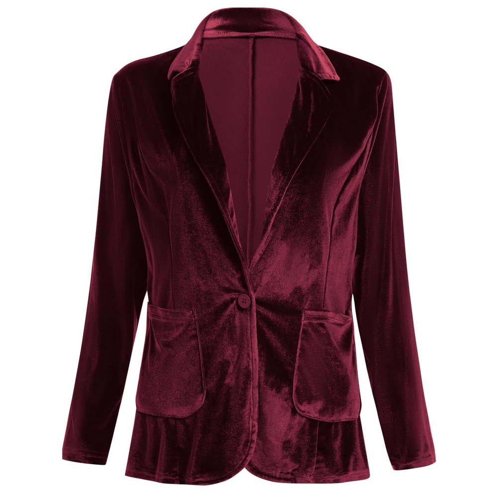 AFAVOM Women Blazers for Work Long Sleeve Jackets Office Velvet Suit Business Winter Open Front Coat Outerwear Solid Color Cardigans Top 1 Button Shawl Lapel Casual Blazer Suit with Pockets Wine S