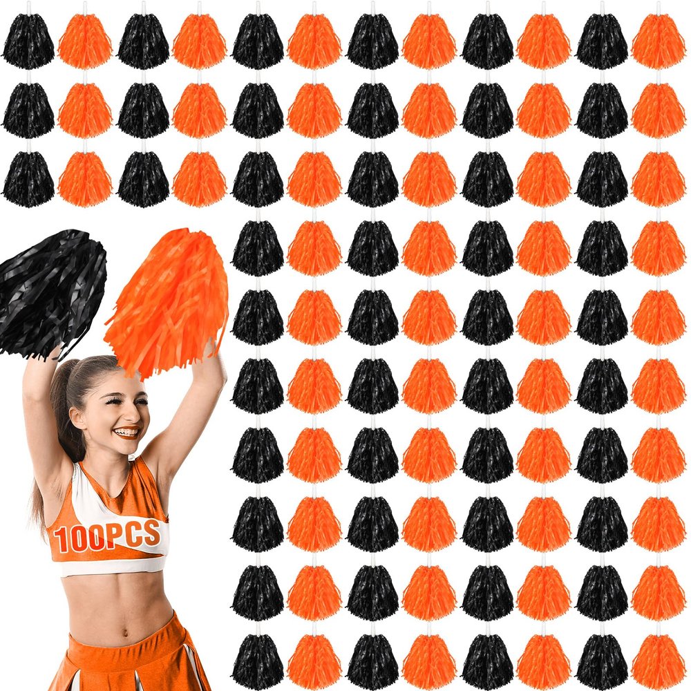 100 Pcs Cheerleading Pom Poms Metallic Foil Cheer Pompoms with Plastic Handle Cheerleader Pompoms Spirit Fun for Cheer Squad Dancing Party Performance Game Ball Sports Team(Black, Orange)