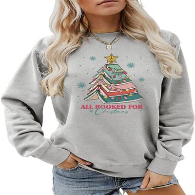 ESIKAH All Booked For Christmas Sweatshirt Funny Christmas Sweatshirt Holiday Xmas Shirt Women Crewneck Reading Pullover Tops Gray