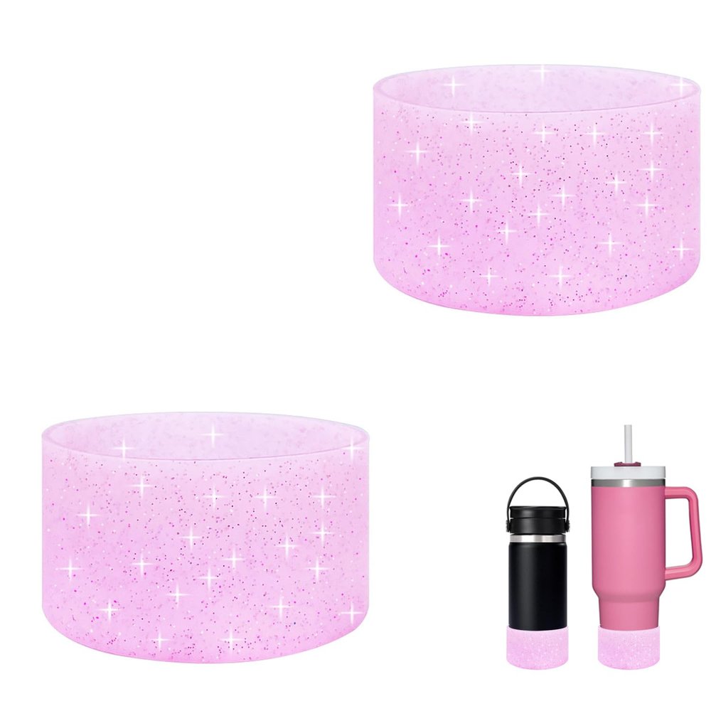 2 Pack Protective Glitter Silicone Boot for Stanley IceFlow 20-40oz & Hydro Flask Water Bottle 12-24oz Reduces Dents Silicone Water Bottle Bottom Cover Sleeve Compatible with Stanley(S, Pink)