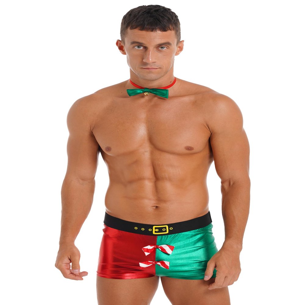 Xnihocha Mens Sexy Boxer Shorts Christmas Lingerie Santa Outfits Cosplay Outfits Bow Tie 2 Pieces Set Red&Green XX-Large
