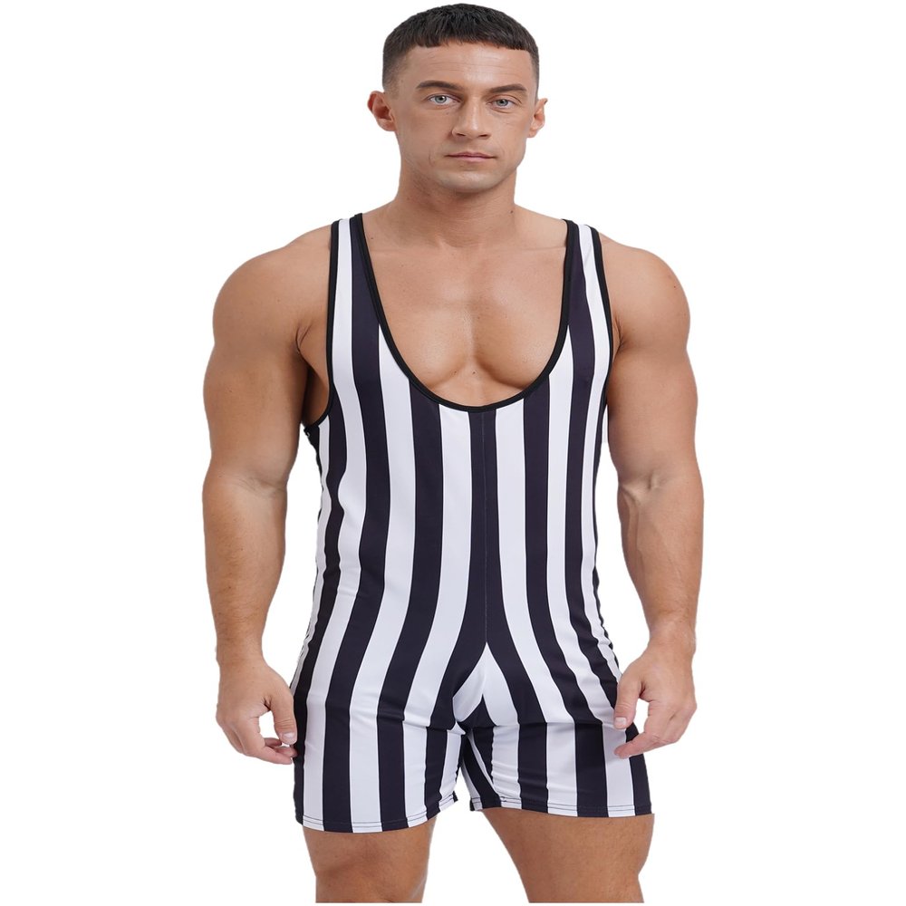 TiaoBug Men's One Piece Swimsuit Bikini Striped Wrestling Singlet Bodysuit Jumpsuit Sportwear Black 3X-Large