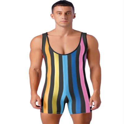YiZYiF Men Striped Wrestling Singlet Boxer Bodysuit Weight Lifting Leotard Romper One Piece Sportswear Rainbow X-Large