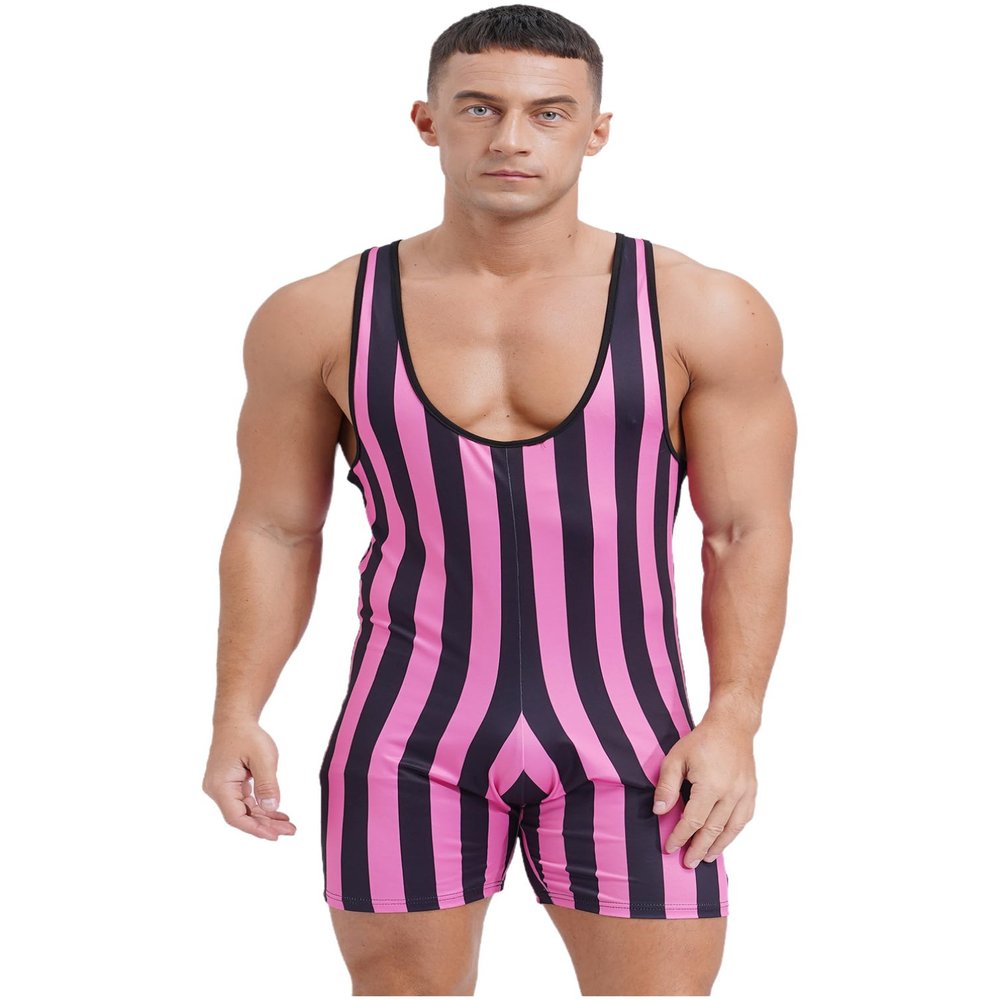 TiaoBug Men's One Piece Swimsuit Bikini Striped Wrestling Singlet Bodysuit Jumpsuit Sportwear Hot Pink Medium