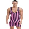 TiaoBug Men's One Piece Swimsuit Bikini Striped Wrestling Singlet Bodysuit Jumpsuit Sportwear Hot Pink Medium view 1