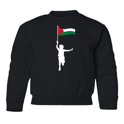 superhotapparel Free Palestine Palestinian Flag Pole Support Peace Youth Crewneck Sweatshirt (Black, Youth Medium)