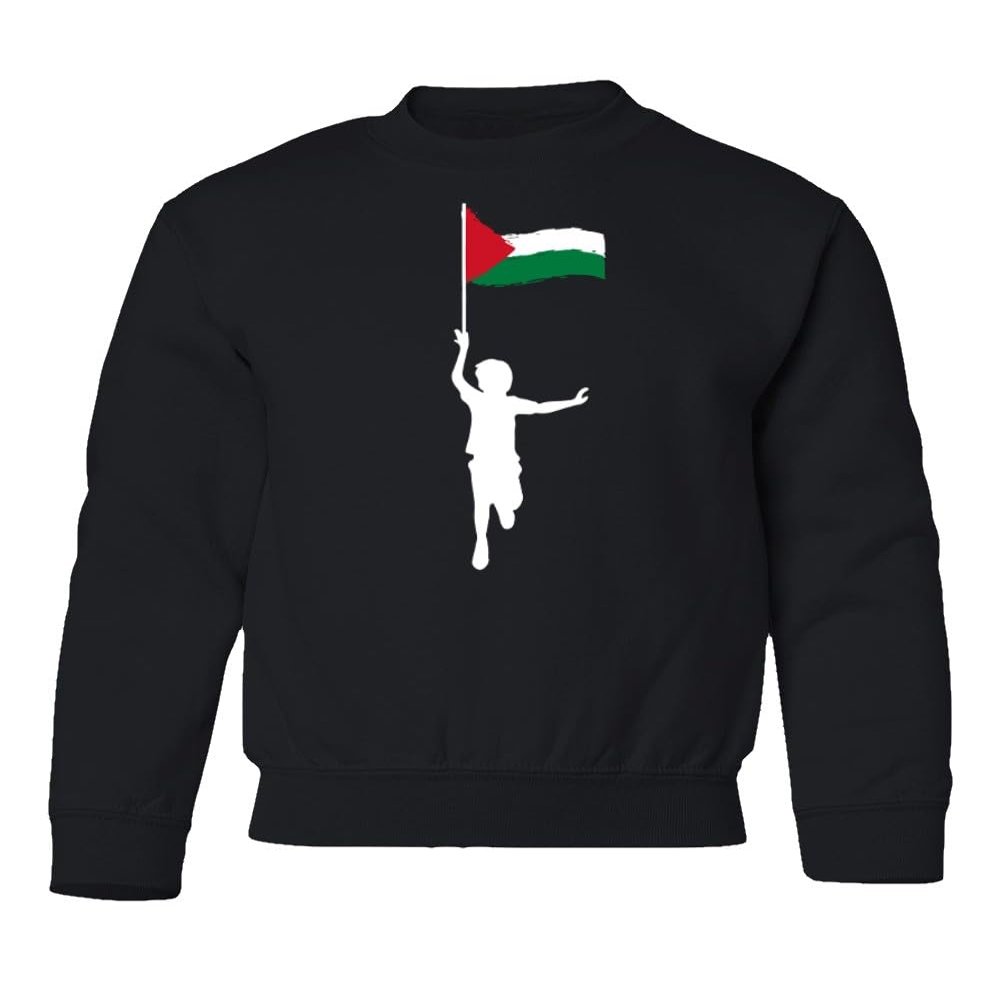 superhotapparel Free Palestine Palestinian Flag Pole Support Peace Youth Crewneck Sweatshirt (Black, Youth Medium)