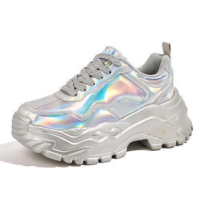 Niluber Chunky Sneakers for Women Platform Sneakers for Women Comfortable Casual Tennis Shoes Lace Up Fashion Walking Shoes(Silver Hologram,7)