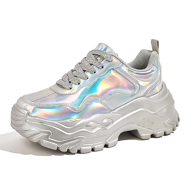 Niluber Chunky Sneakers for Women Platform Sneakers for Women Comfortable Casual Tennis Shoes Lace Up Fashion Walking Shoes(Silver Hologram,7)