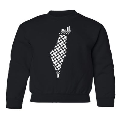superhotapparel Israel Map Palestinian Keffiyeh Colors Support Peace Youth Crewneck Sweatshirt (Black, Youth X-Large)
