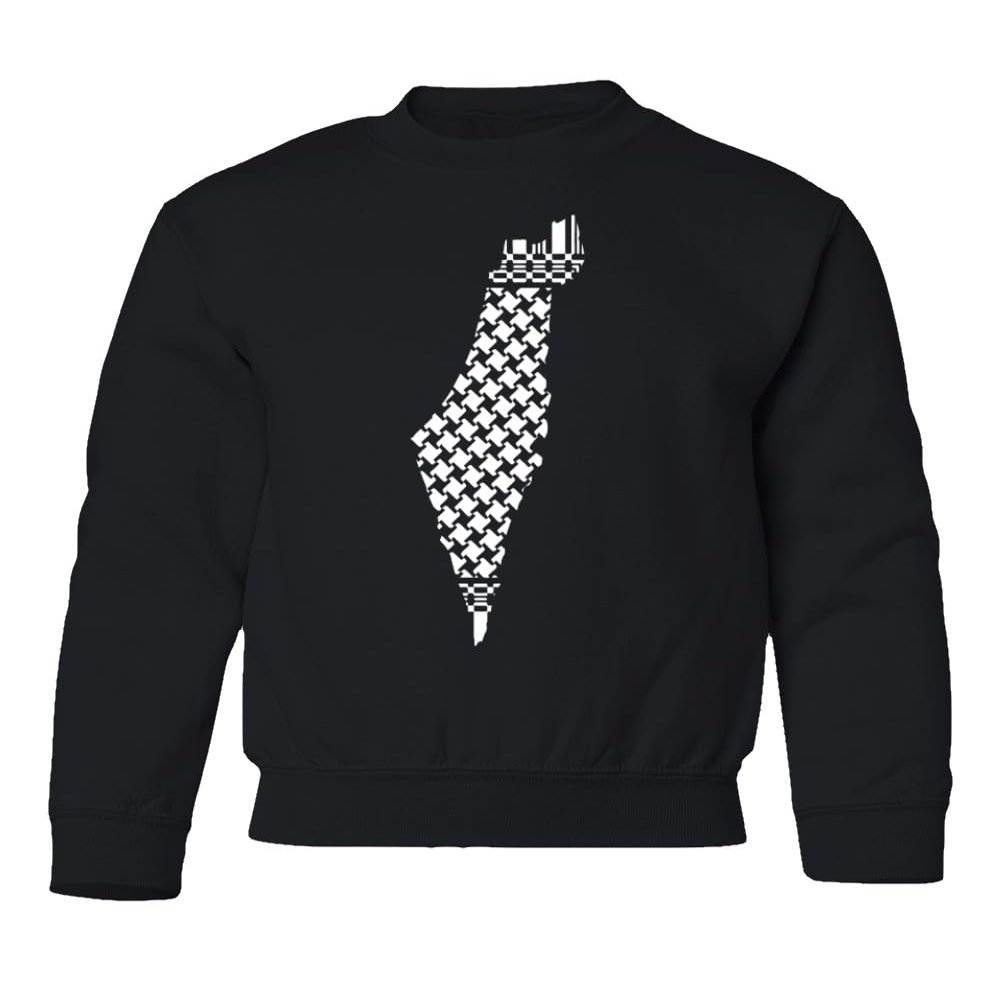 superhotapparel Israel Map Palestinian Keffiyeh Colors Support Peace Youth Crewneck Sweatshirt (Black, Youth X-Large)