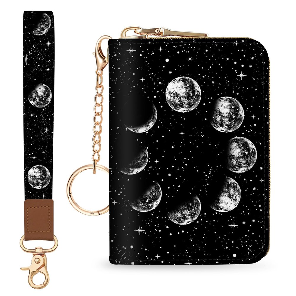 Blusabaca Credit Card Holder for Women, Moon Small RFID Blocking Wallet with Wristlet Strap, Keychain Zipper Women Wallet, Leather Card Case, Card Wallet Purse with Key Lanyard