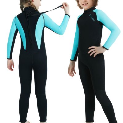 OMGear Kids Wetsuit 3mm Fullsuit for Children Neoprene Long Sleeves Swimsuits Thermal Dive Suits for Youth Boys Girls Scuba Diving Surfing Snorkeling Swimming Water Sports(Full/Light Blue,10)