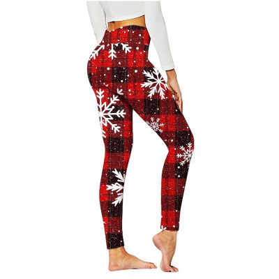 Women Christmas Holiday Leggings High Waisted Plaid Xmas Snowflake Print Legging Stretchy Butt Lifting Tights Pants Red