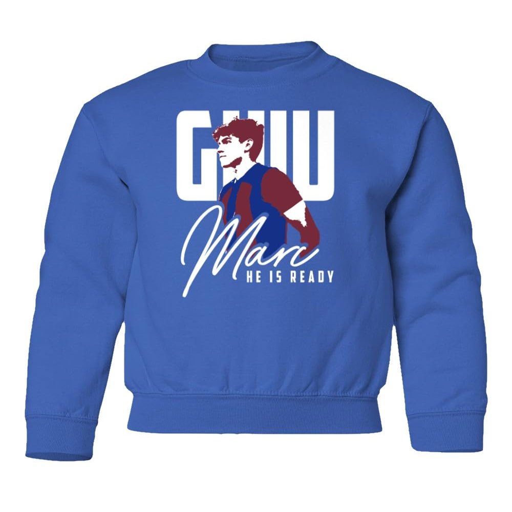 GamesDur Guiu Barcelona He Is Ready Promising Soccer Star Youth Crewneck Sweatshirt (Royal, Youth Medium)