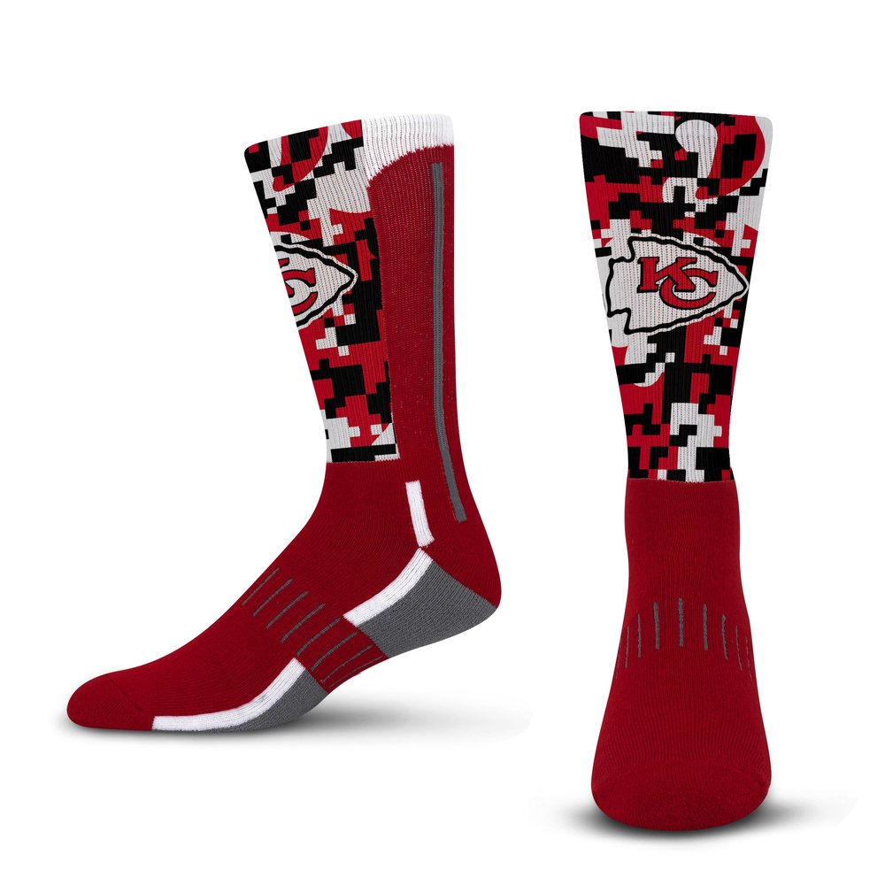 For Bare Feet NFL Men Women Team Color Logo Game Day Digi Mashup Performance Warm & Cold Weather Comfort Crew Sock (Kansas City Chiefs - Red, Adult Large)