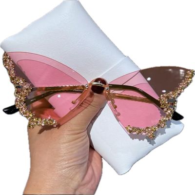 Luxury Diamond Butterfly Sunglasses Women Brand y2k Vintage Rimless Oversized Sun Glasses Ladies Eyewear (Pink)