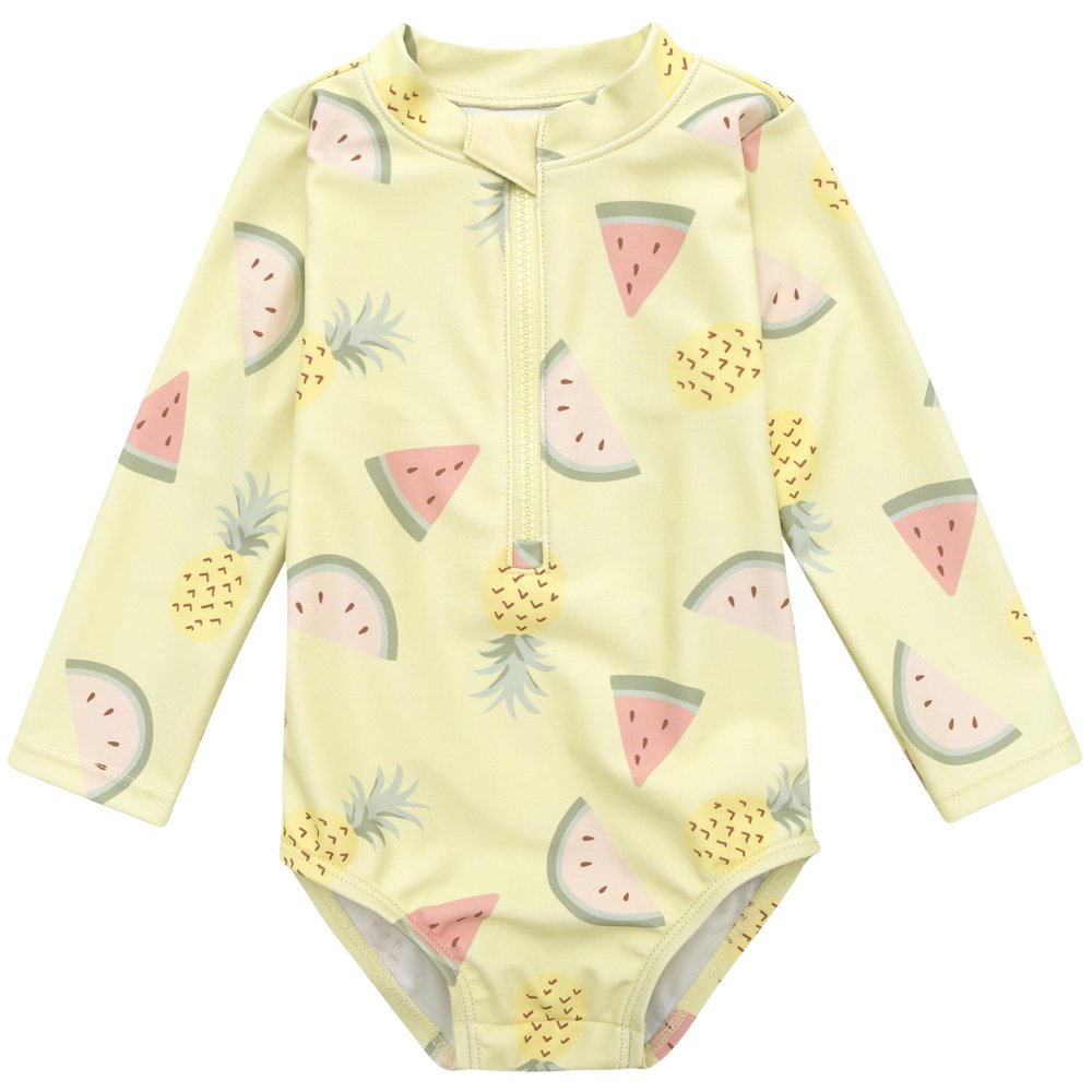 Gerber Baby Girls Toddler Long Sleeve One Piece Rashguard Swimsuit, Yellow Fruit, 12 Months