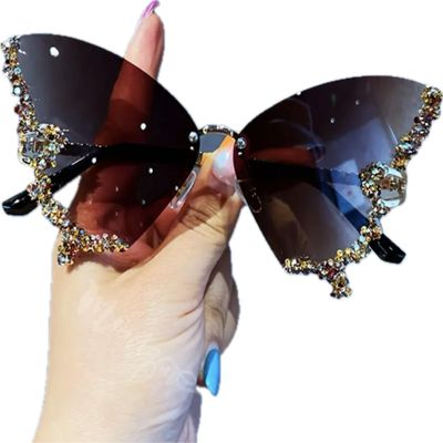 Luxury Diamond Butterfly Sunglasses Women Brand y2k Vintage Rimless Oversized Sun Glasses Ladies Eyewear (Brown)