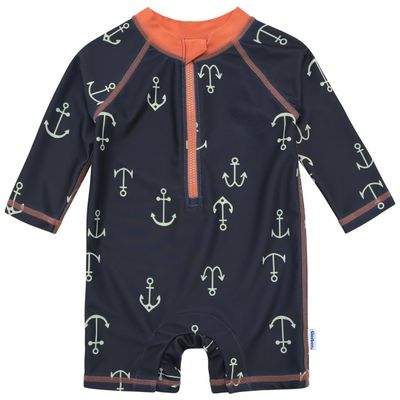 Gerber Baby Boys Toddler Long Sleeve One Piece Sun Protection Rashguard Swimsuit, Blue Anchor, 6-9 Months