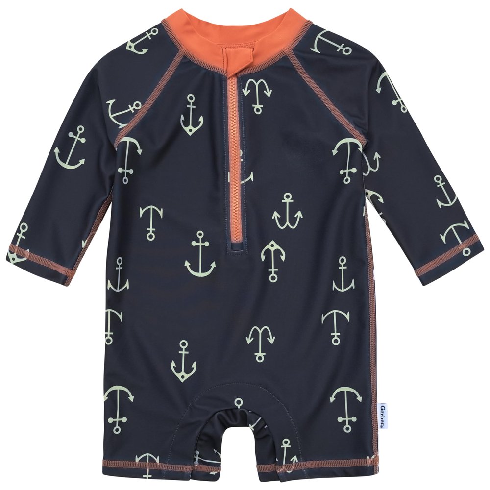 Gerber Baby Boys Toddler Long Sleeve One Piece Sun Protection Rashguard Swimsuit, Blue Anchor, 6-9 Months