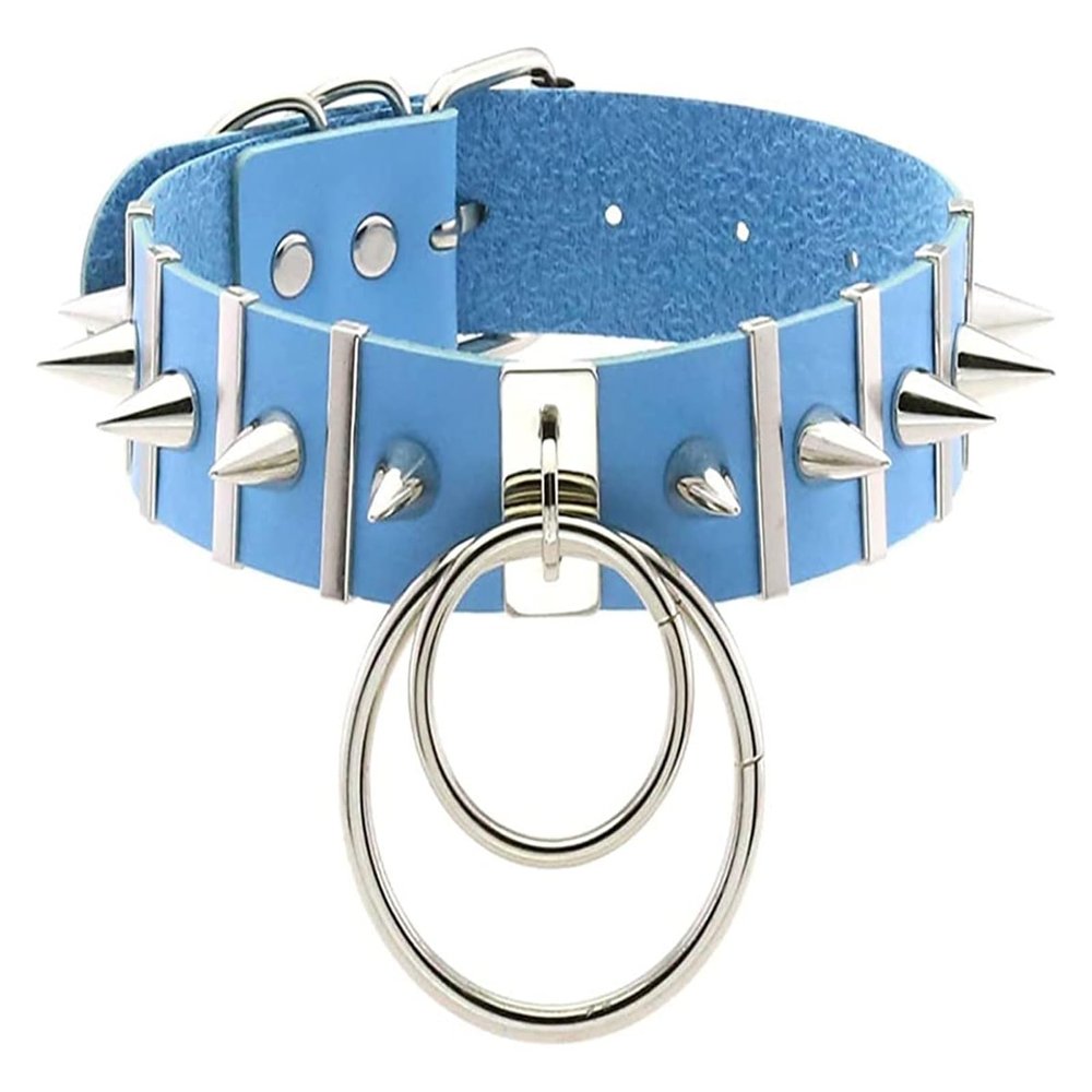 AKYLDI PU Leather Rivets Choker Gothic Necklace Neck Strap Adjustable Punk Double Metal Ring Collar Buckle Neck Accessories (Color : Blue)