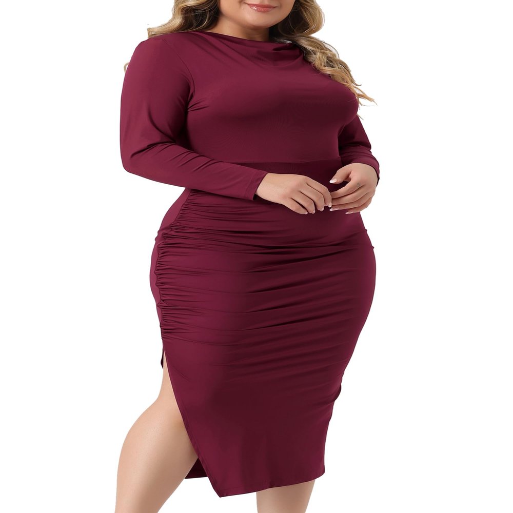 Agnes Orinda Plus Size Dress for Women Long Sleeve Crew Neck Side Slit Ruched Bodycon Dresses 3X Burgundy