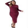 Agnes Orinda Plus Size Dress for Women Long Sleeve Crew Neck Side Slit Ruched Bodycon Dresses 3X Burgundy view 2