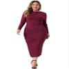 Agnes Orinda Plus Size Dress for Women Long Sleeve Crew Neck Side Slit Ruched Bodycon Dresses 3X Burgundy view 3