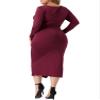 Agnes Orinda Plus Size Dress for Women Long Sleeve Crew Neck Side Slit Ruched Bodycon Dresses 3X Burgundy view 4