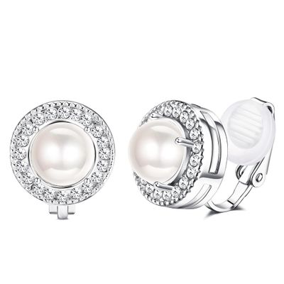 FASACCO Clip On Earrings for Women Lightweight Clip on Rhinestone Non Pierced Clip Earrings Crystal Wedding Formal Earring Birthstone Earring (With Box) Simulated-Pearls Clip