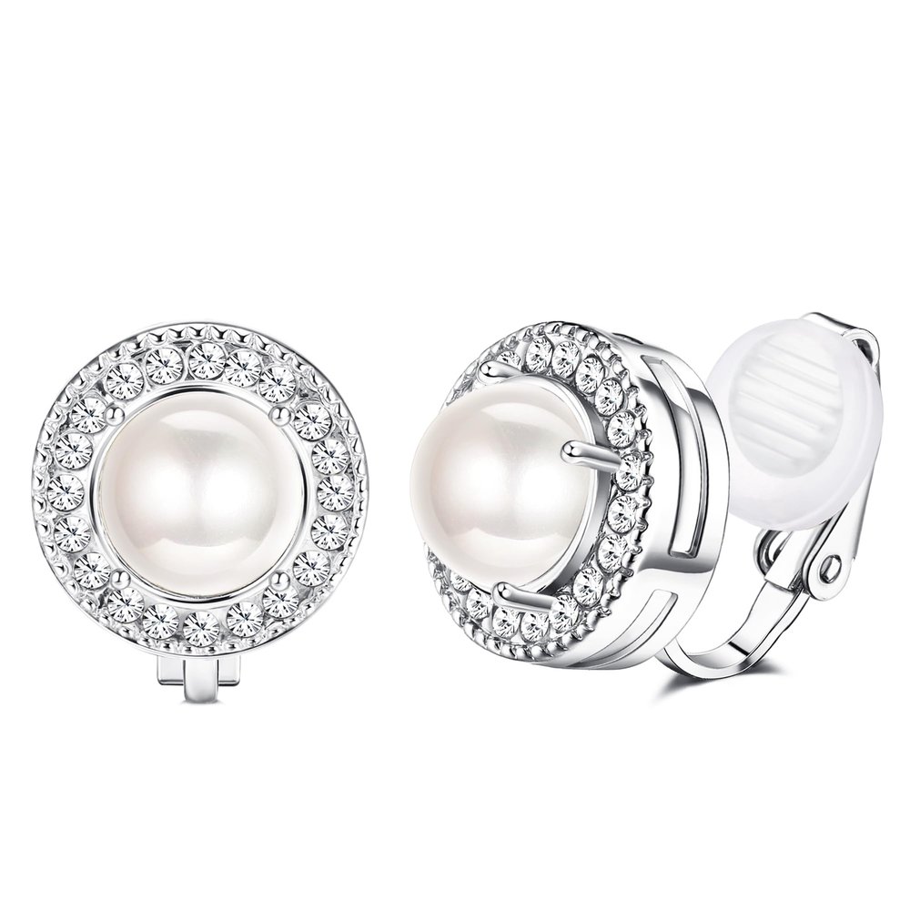 FASACCO Clip On Earrings for Women Lightweight Clip on Rhinestone Non Pierced Clip Earrings Crystal Wedding Formal Earring Birthstone Earring (With Box) Simulated-Pearls Clip