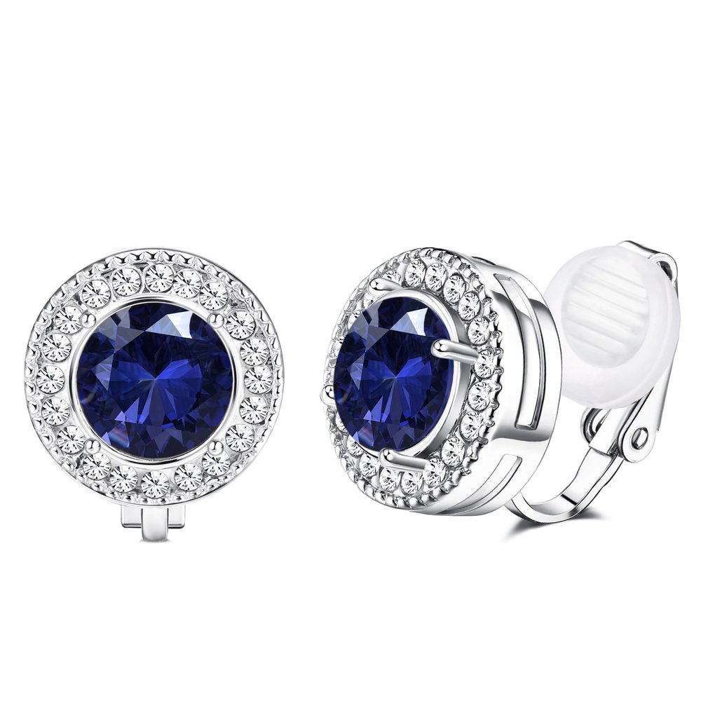 FASACCO Clip On Earrings for Women Lightweight Clip on Rhinestone Non Pierced Clip Earrings Crystal Wedding Formal Earring Birthstone Earring (With Box) Blue CZ