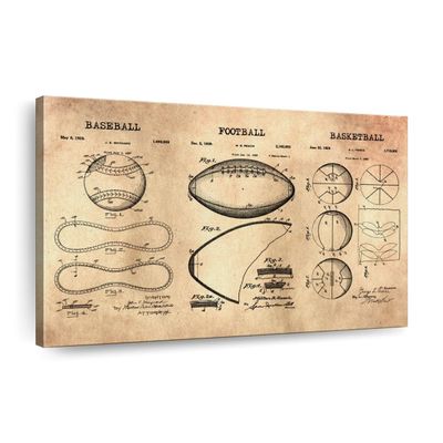 ElephantStock Sports Balls Compilation Patent Wall Art - 1 Panel Industrial Decor Canvas - Ready-to-Hang Blueprint Wall Art - and Sports Patent Prints Wall Art for Men - 51" X 34"