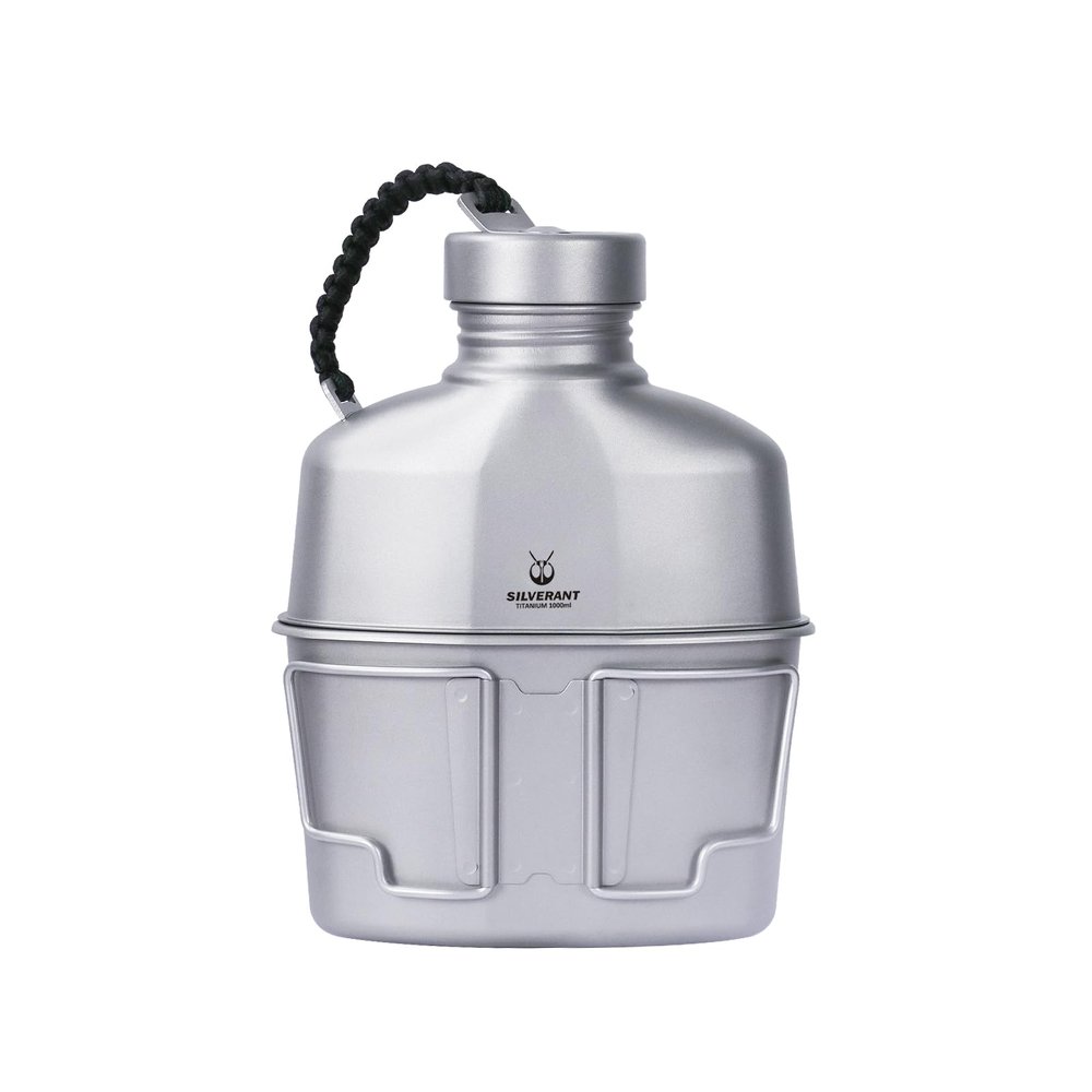 SILVERANT Camping Canteen Titanium Military Canteen Mess Kit Ultralight Camping Mug with Carry Pouch & Cup Foldable Handle -Bottle 1000ml, Cup 600ml (Canteen with Paracord)